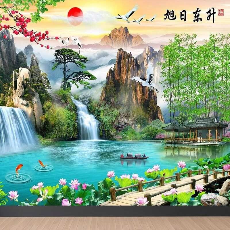 山水墙纸自粘风景装饰画背景墙客厅装饰壁画粘画卧室办公室玄关