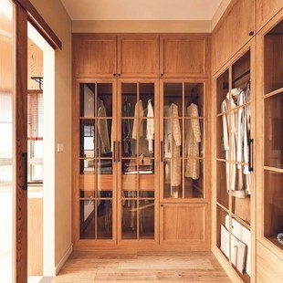 全屋定制原木色樱桃白蜡木组合白橡木衣柜推拉对开门一门到顶衣橱