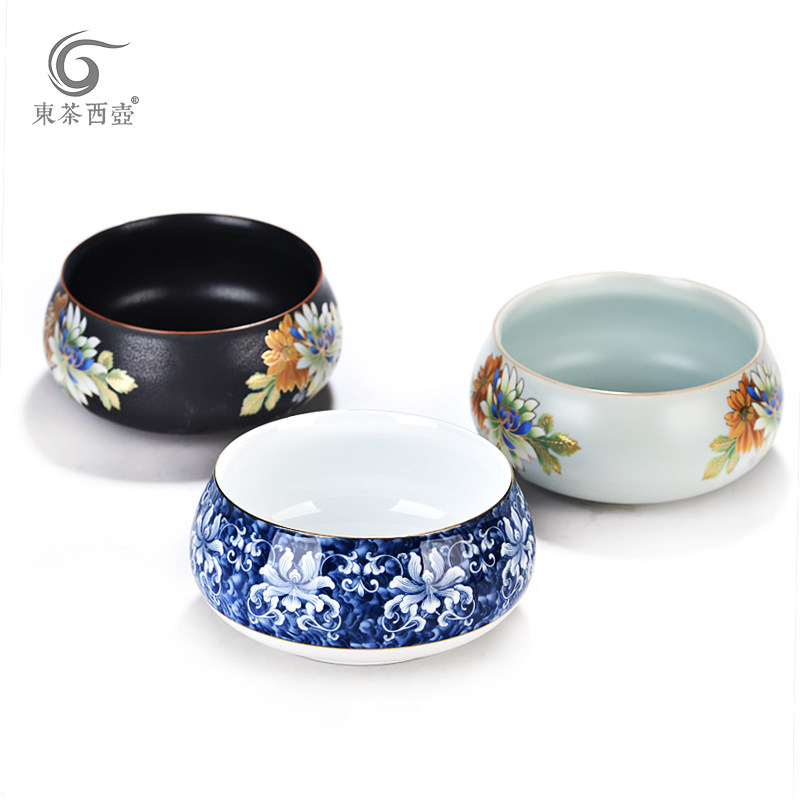 东茶西壶 陶瓷建水杯碗洗茶盅茶钵水盂茶缸 手工扒花金线茶洗中号