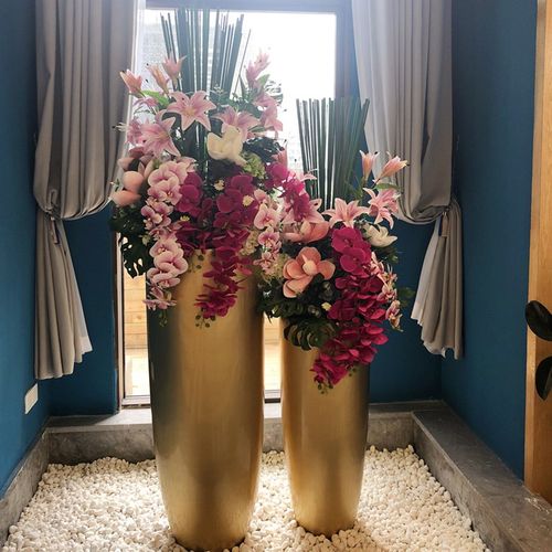 酒店大堂落地大花瓶金色旋转门橱窗装饰花艺摆件客厅商场仿真插花
