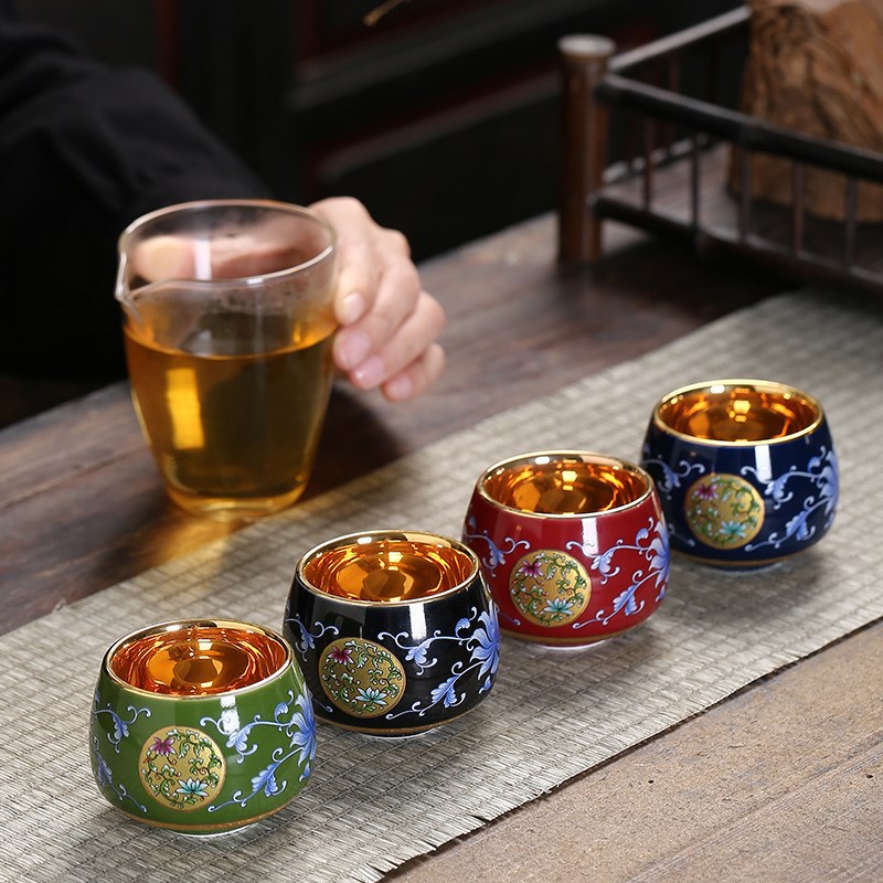 宣康鎏金主人杯家用陶瓷茶盏功夫茶杯珐琅彩扒花品茗杯纯手工金杯