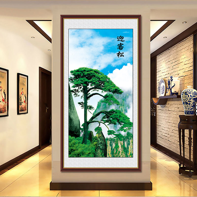 迎客松玄关壁画中式竖版贴纸进门入户走廊风景招财装饰画贴画自粘