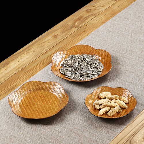 手工编织果篮竹编水果篮家用中式干果点心篮竹托盘大漆果蝶小吃盘