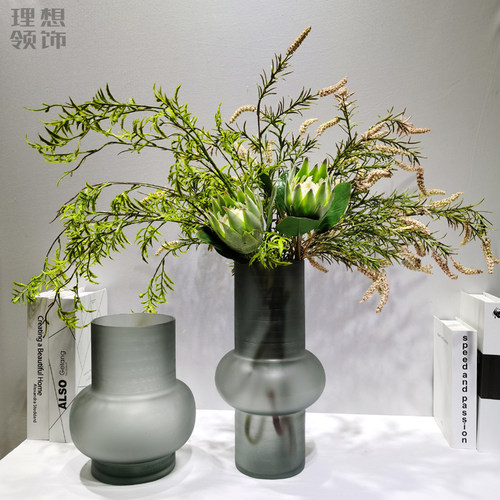 样板房软装摆件前台售楼部仿真花艺现代极简灰色磨砂玻璃装饰花瓶