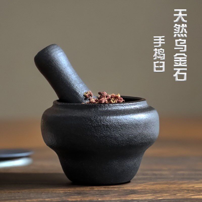 手工制作乌金石臼捣蒜研磨器捣药罐石盅擂钵石窝石舂石舀石捣蒜臼