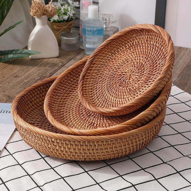 藤编水果篮中式点心盘茶几杂物筐圆形带盖子藤篮手工编中号家用收