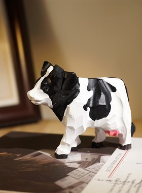 小奶牛手工木雕摆件可爱卡通动物治愈系办公桌面装饰品好物工艺品