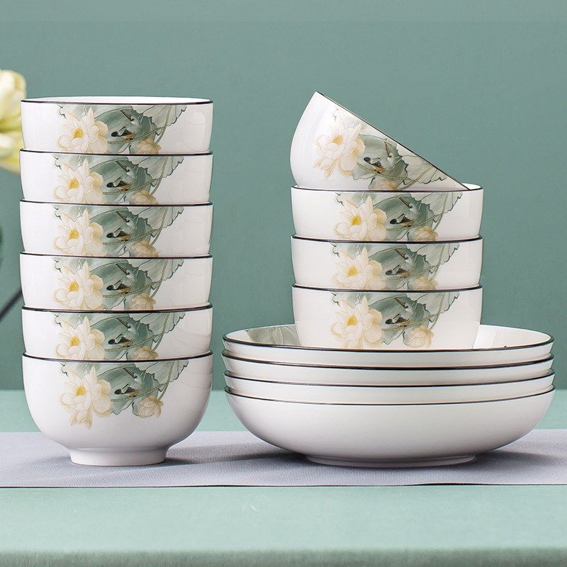 优尊陶瓷釉中彩碗碟套装家用加厚防烫碗组合健康餐具可微波盘组合