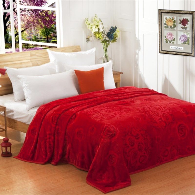 大红色毛毯珊瑚绒加厚法莱绒单双人毛巾被结婚庆夏季空调毯子睡毯