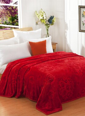大红色毛毯珊瑚绒加厚法莱绒单双人毛巾被结婚庆夏季空调毯子睡毯