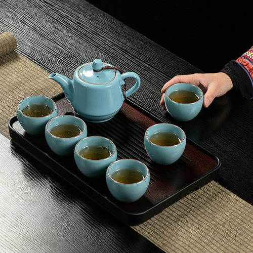 原源汝窑功夫茶具套装茶盘天青高档家用客厅办公室陶瓷泡茶壶茶杯