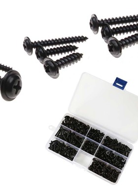 340pcs黑色碳钢PWA十字自攻螺丝M3/M4/M3.5/M4.8圆头带垫螺钉