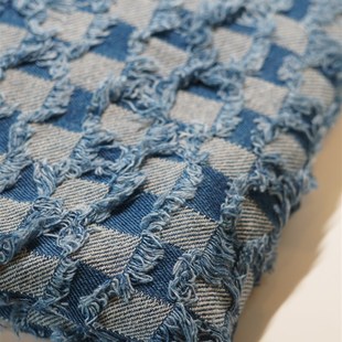 牛仔面料 面料改造流苏格纹创意深浅蓝diy 布料做旧肌理服装