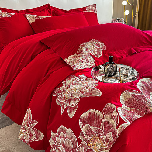 冬季200支全棉磨毛四件套结婚加厚纯棉牀单被套红色婚庆牀上用品4