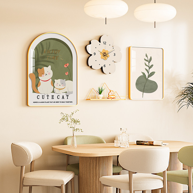 餐厅装饰画简约饭厅钟表挂画北欧花卉歺厅背景墙壁画墙画