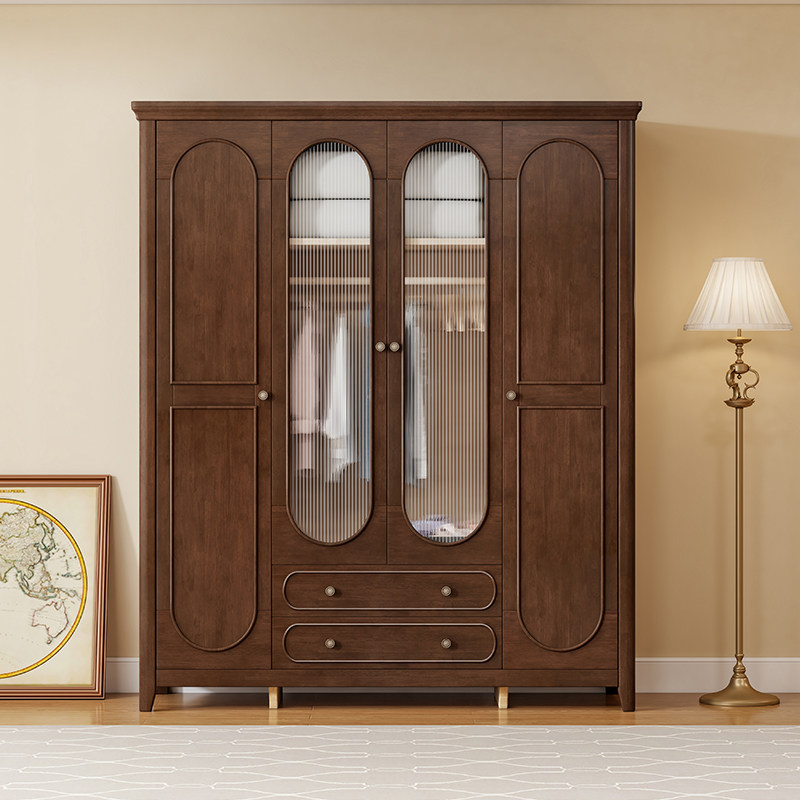 乡村美式实木衣柜卧室家用简约四门大衣橱复古法式衣柜玻璃门