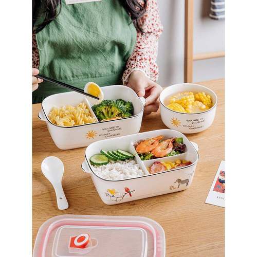 陶瓷饭盒分格便当盒微波炉专用带盖密封长方形成人三格多格保鲜盒