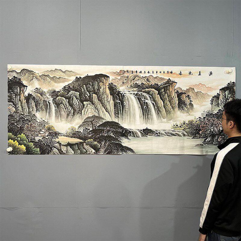 纯手绘国画山水横幅小六尺源远流长客厅沙发背景墙电视墙装饰画