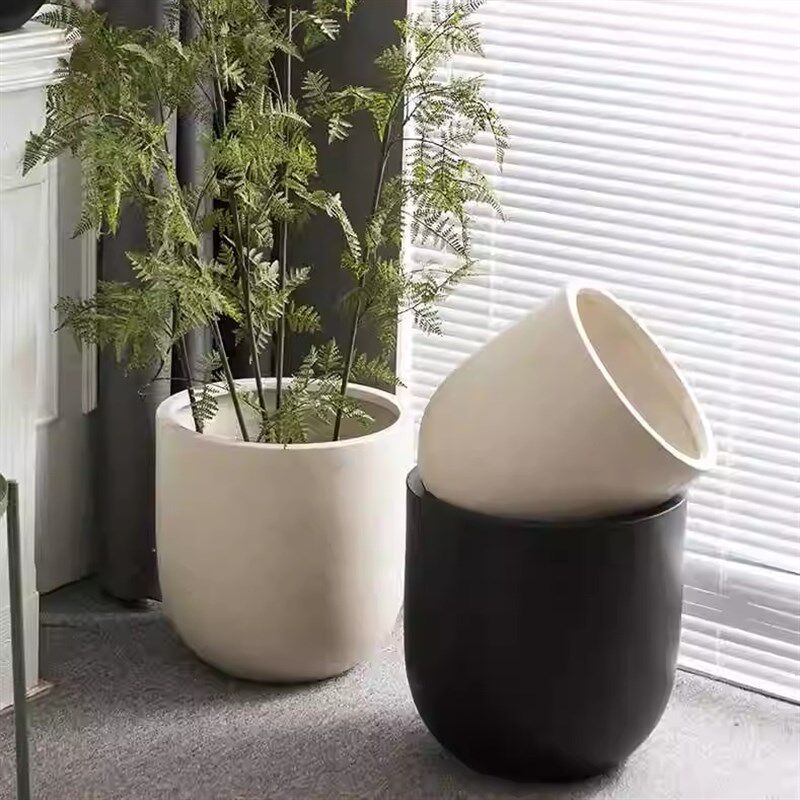手工镁泥落地花盆极简酒杯型大口黑金刚花器客厅民宿商场别墅摆件