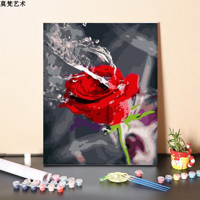 数字油画diy填充丙工填色消磨时间水花红色玫瑰滴涂色手烯油彩画
