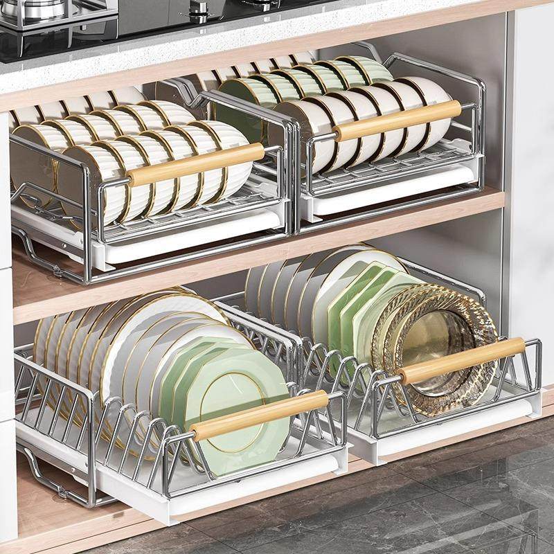 不锈钢碗碟收纳架厨房橱柜内置物架抽屉式拉篮抽拉碗盘子沥水碗架