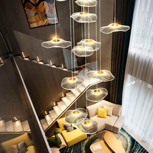 楼梯吊灯复式楼别墅客厅大吊灯现代简约创意荷叶旋转挑空loft灯具