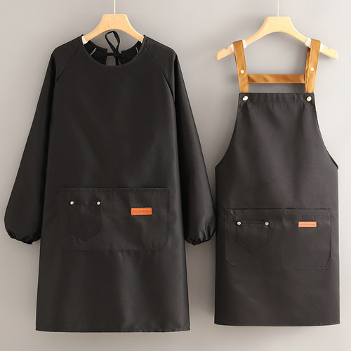 T/C混纺长袖围裙定制logo印字工作服女餐饮专用罩衣家用厨房防污