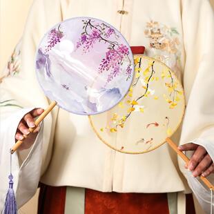 团扇古风扇子儿童夏天半透长柄舞蹈扇女童古装汉服旗袍小圆扇