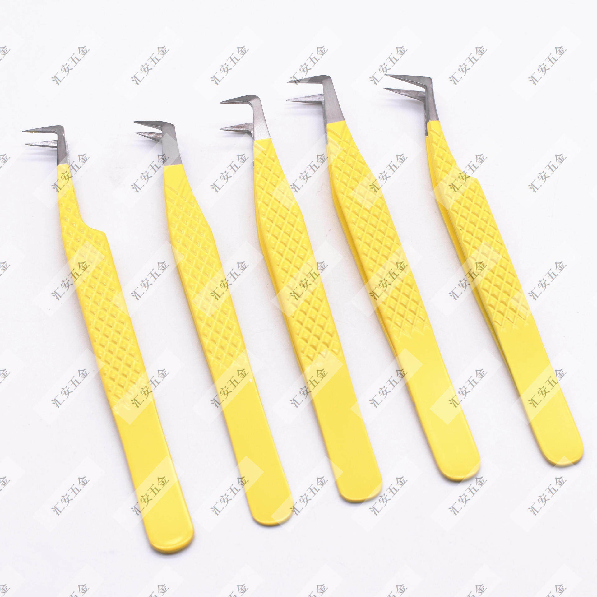 厂家供应高精密嫁接睫毛开花镊子304不锈钢弯头条纹美睫镊粉色