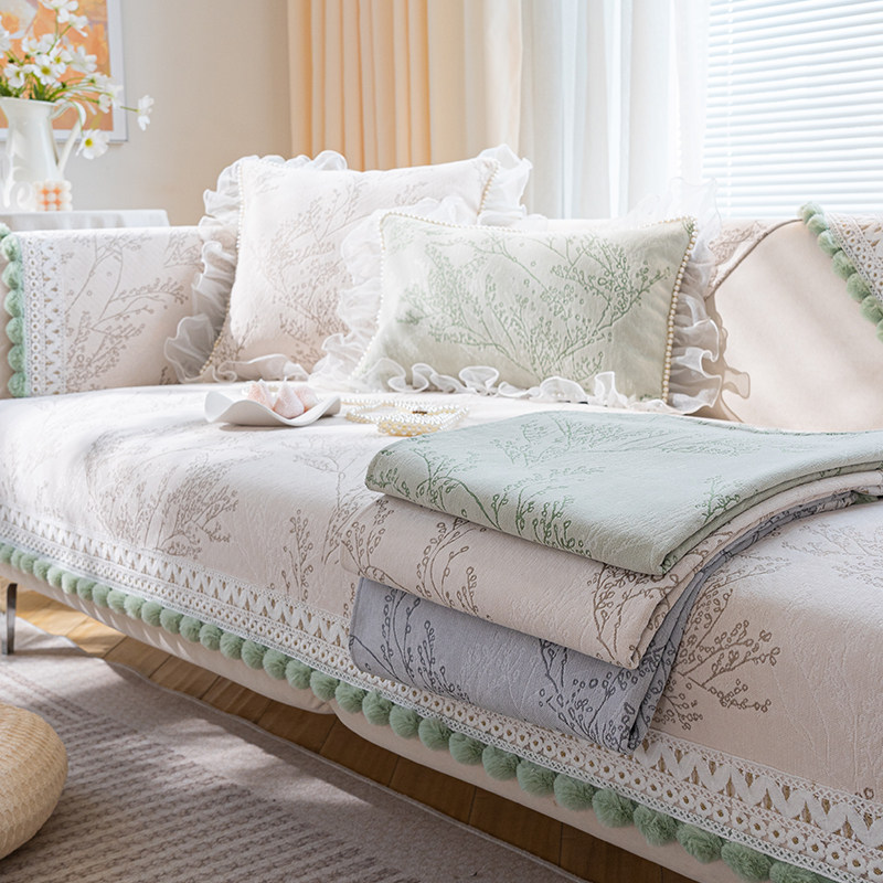 奶油风沙发垫四季通用防滑坐垫2023新款毛球蕾丝边沙发套罩盖布巾,居家布艺,沙发垫,淘宝优惠券,粉丝福利购,淘宝优惠卷