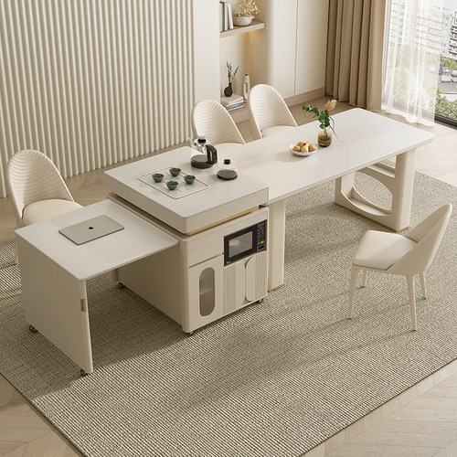 奶油风伸缩带微波炉可移动岩板岛台餐桌一体家用简约餐桌椅组合