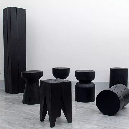 侘寂风碳化原木黑色墩子实木根雕凳子设计师民宿创意矮凳家用木墩