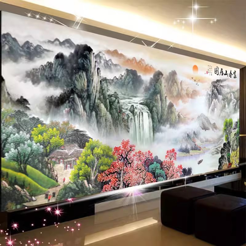 纯手工绣好的十字生新品富春山居图流水绣财成款客厅风景山水挂画