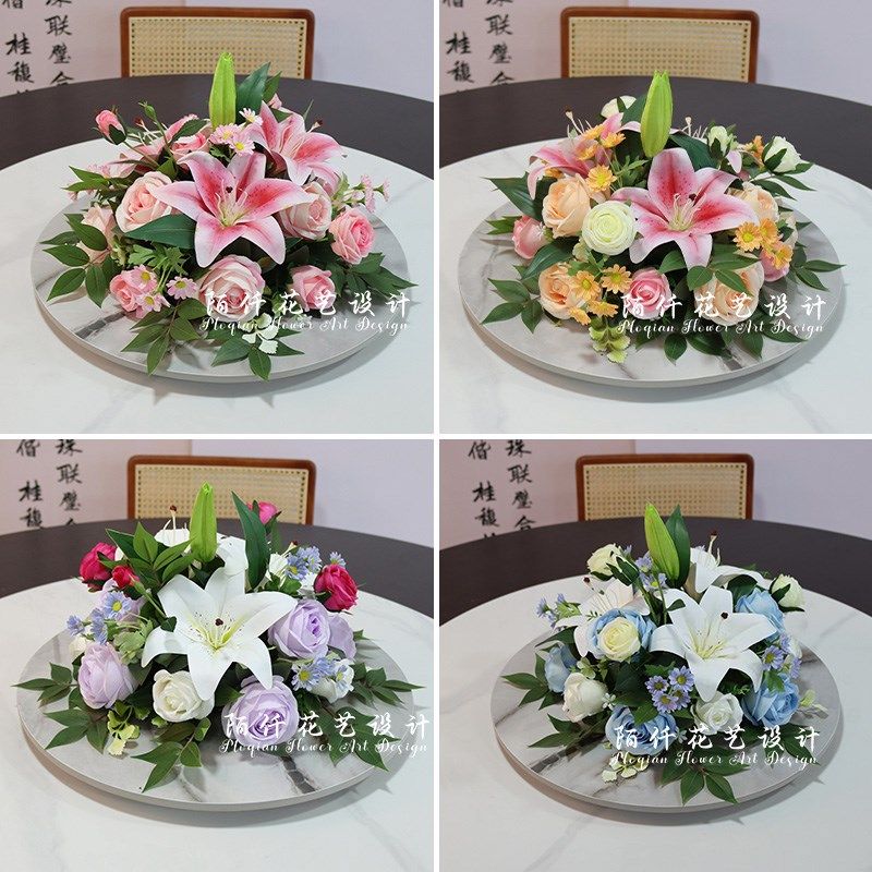 餐厅酒店桌花摆件百合玫瑰圆桌餐桌花摆花饭店桌面转盘中间装饰花