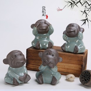 瓷精灵龙泉青瓷四不猴子茶宠茶具配件不看不听不说不思三不猴摆件