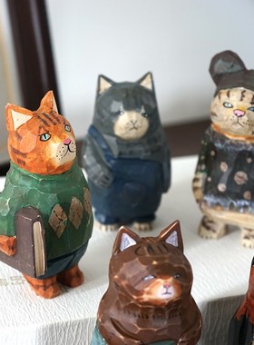 脏脏猫咪手工木雕小摆件木质雕刻动物治愈系创意桌面装饰品博士猫