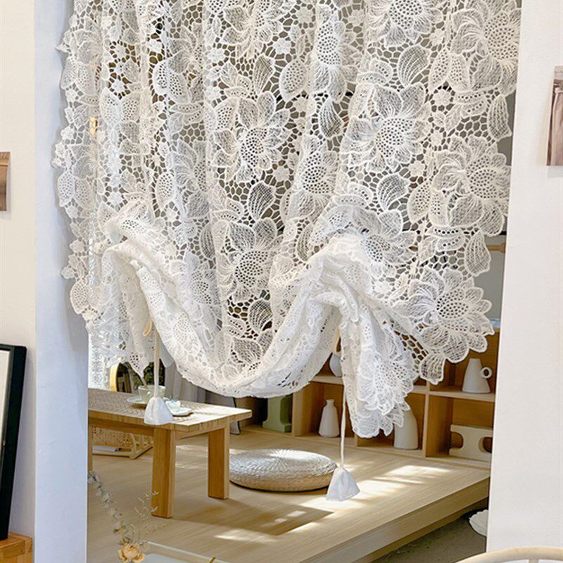 法式白色镂空绣花花瓣纱帘田园风阳台装饰隔断提拉帘咖啡帘免打孔