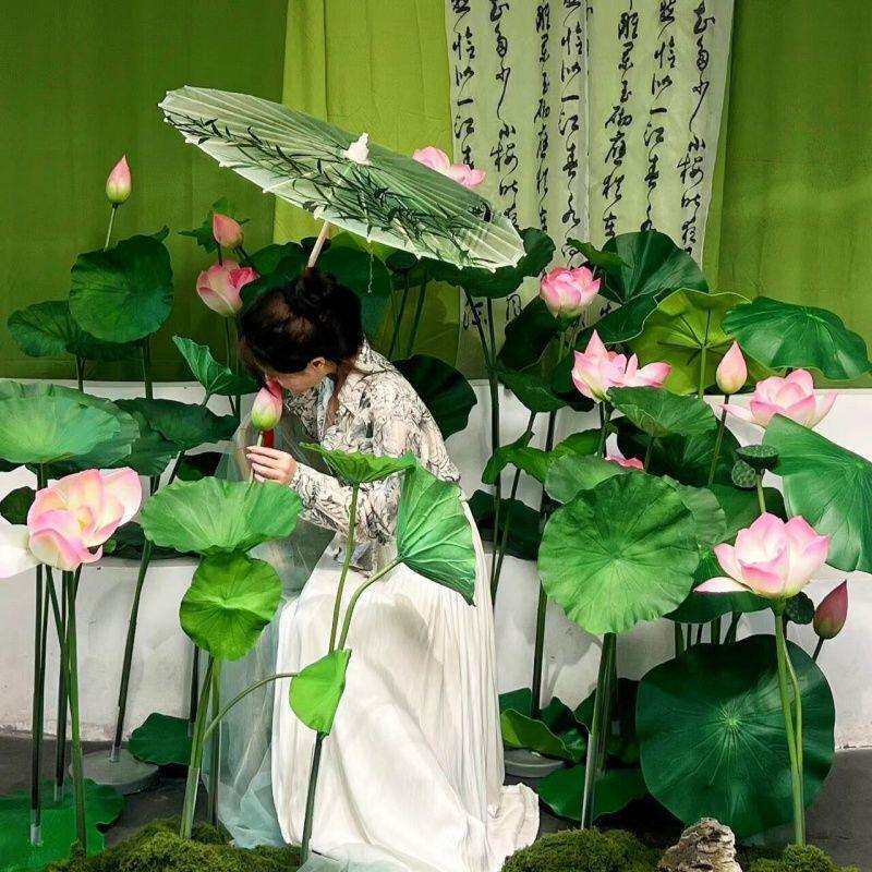 新中式高档仿真荷花古风场景布置盆景塑料假莲蓬荷叶拍照摄影装饰