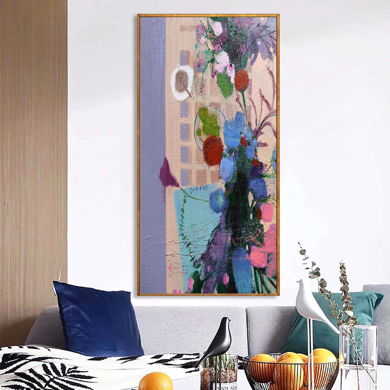 日系清新手绘油画 画心艺术紫色花卉客厅沙发背景立体装饰静物画