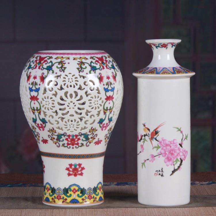 景德镇现代瓷器时尚工艺品双层镂空梅瓶创意古典花瓶家居装饰摆件