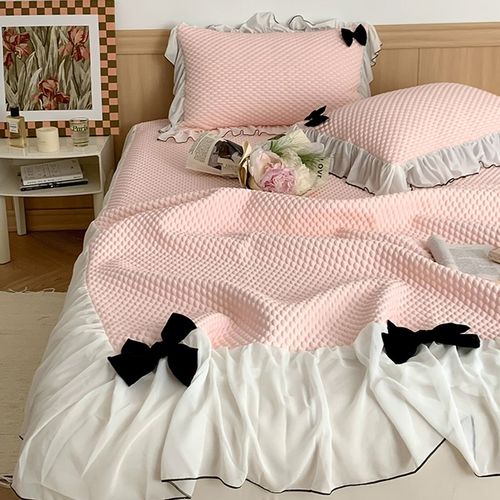 公主风蕾丝边床裙款空调席豆豆冰丝凉席子三件套夏季水洗机洗粉色