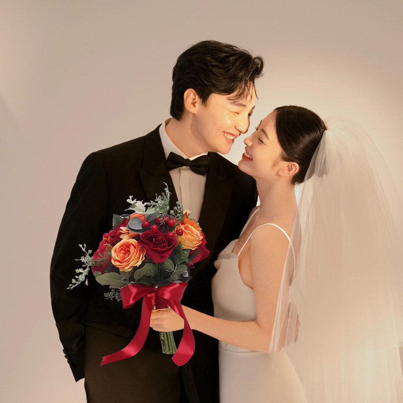出嫁红色手捧花新娘结婚仿真花高级感中式新郎接亲婚礼捧花领证花