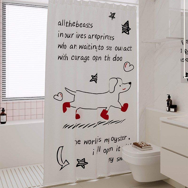 韩式线条小狗浴室浴帘防水防霉套装免打孔洗澡淋浴卫生间隔断帘布,家庭/个人清洁工具,浴帘,淘宝优惠券,粉丝福利购,淘宝优惠卷
