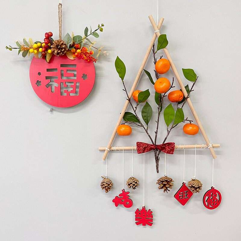 新年春节挂饰原木墙面装饰餐厅壁挂件玄关绿植卧室背景民宿挂花