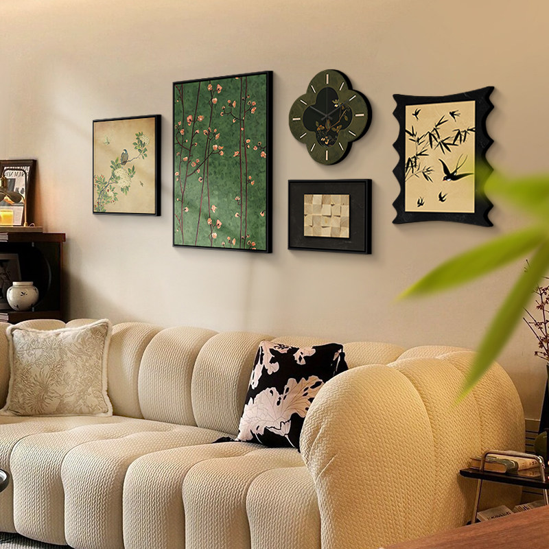 南洋中古风钟表挂钟客厅装饰画法式复古沙发背景墙挂画高级感壁画