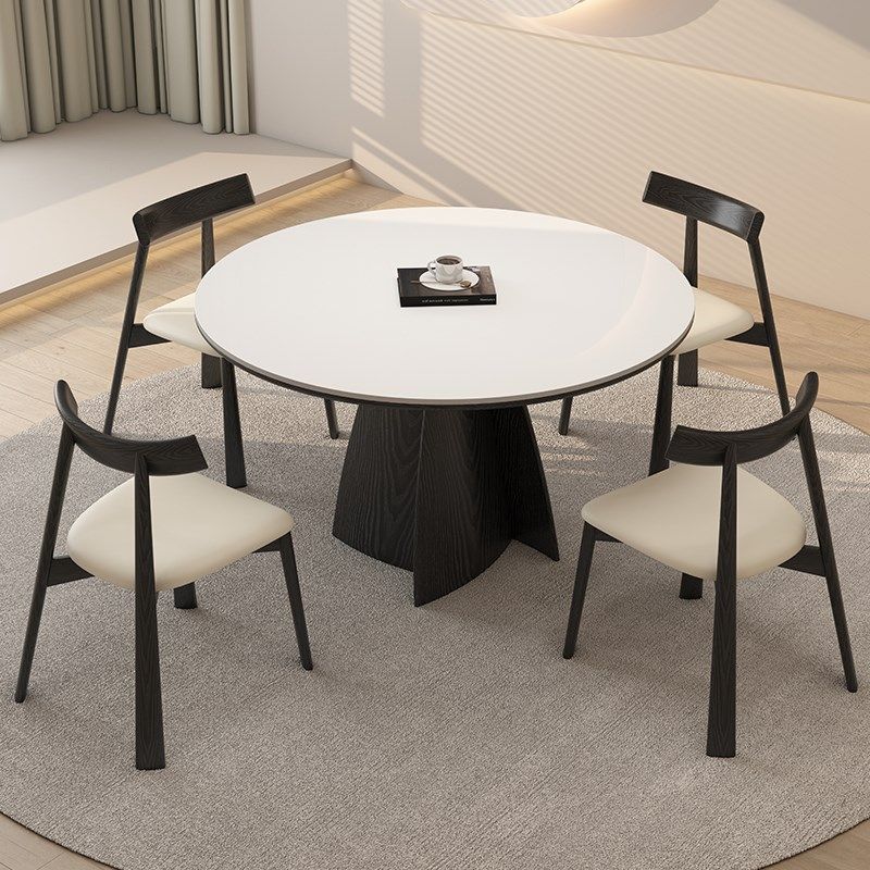 德利丰实木岩板餐桌家用奶油中古风2025新款小户型圆形饭桌椅组合