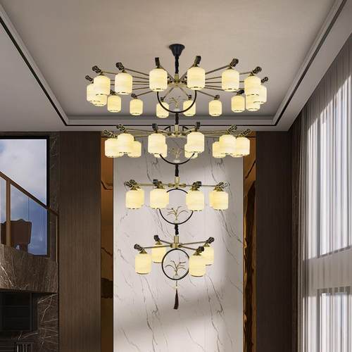 别墅客厅大吊灯新中式复式楼中空楼梯长吊灯灯罩朝下大厅餐厅灯具