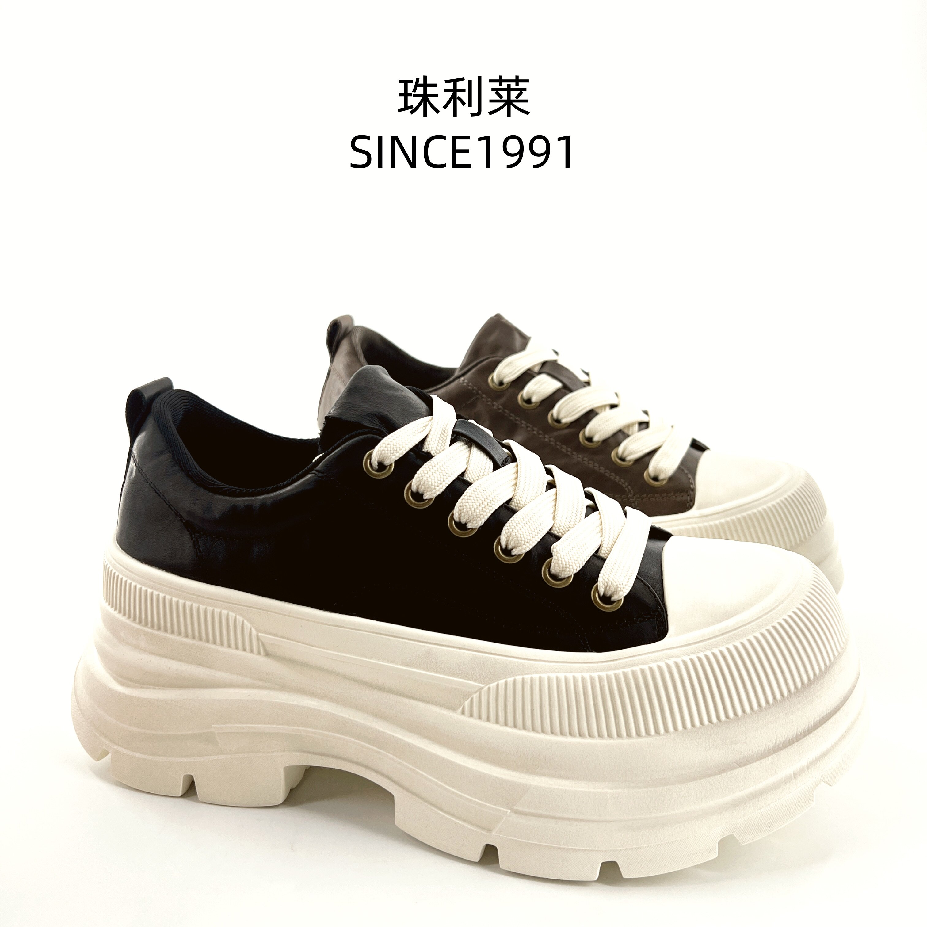 珠利莱厚底增高松糕鞋女款黑白