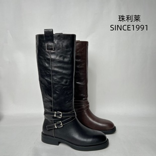 珠利莱2025年新款百搭女士皮带扣高筒骑士靴秋冬瘦瘦靴不过膝长靴