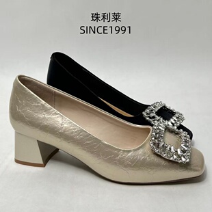 珠利莱2026春季轻熟风水钻方扣浅口单鞋女粗跟百搭气质通勤高跟鞋